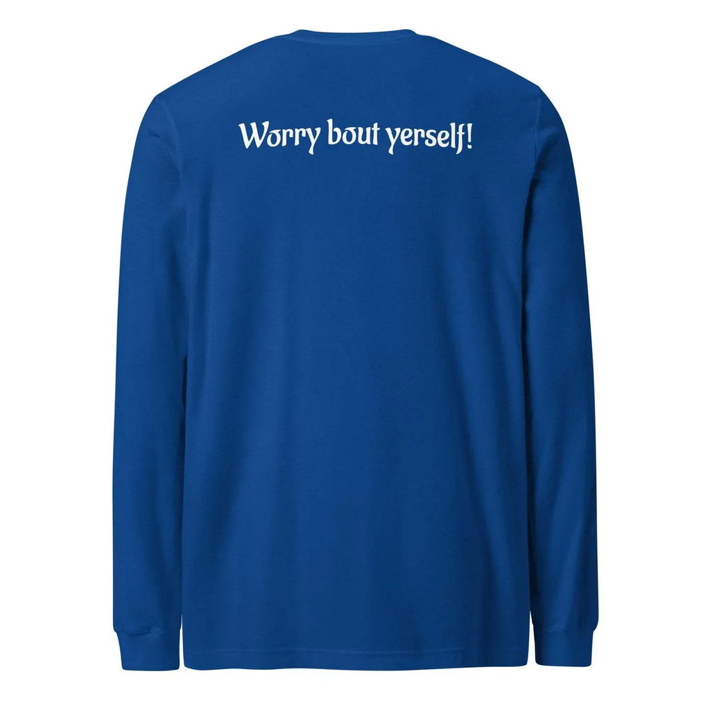 Blue men's loose round neck sweater with printed letter patterns on a mannequin.