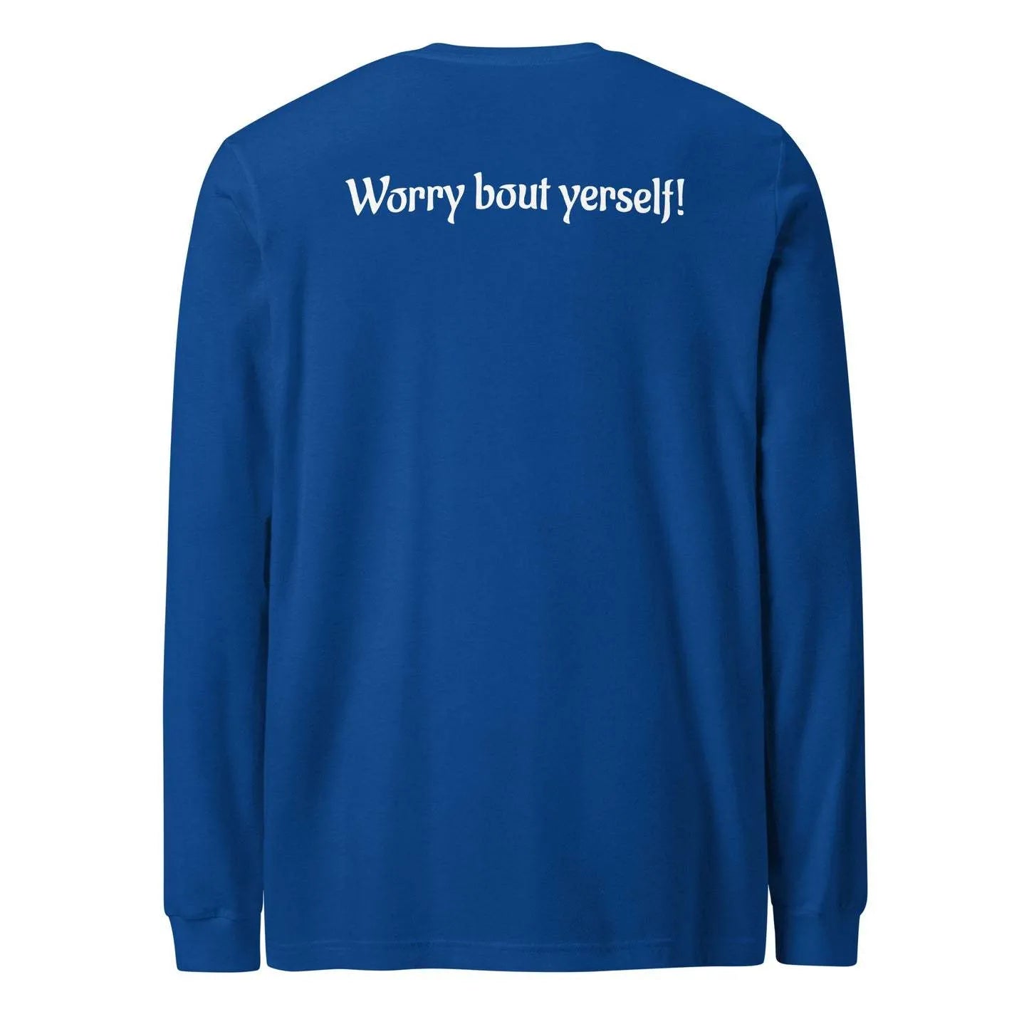 Blue men's loose round neck sweater with printed letter patterns on a mannequin.