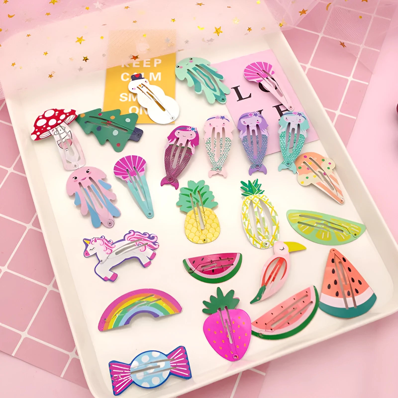 Children's metal barrette with baking varnish finish, colour-printed watermelon design