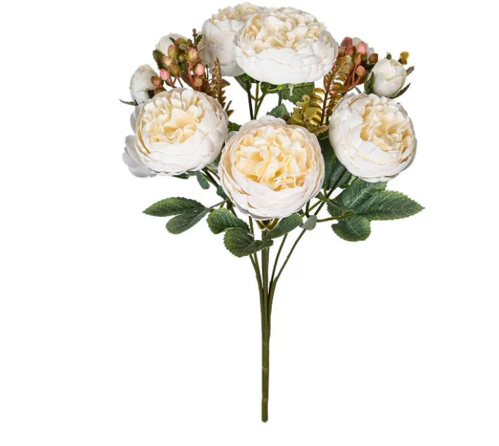 Artificial peony bouquet silk flower arrangement champagne sand red colour 30cm tall