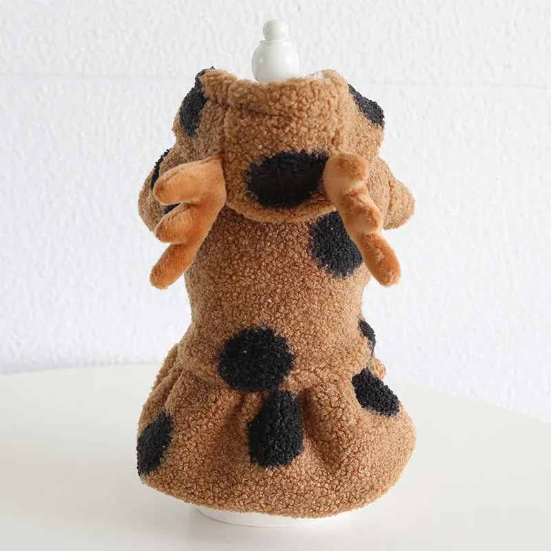 Polka dot patterned pet clothing for dogs and cats, shown in both four-legged jumpsuit and skirt styles.