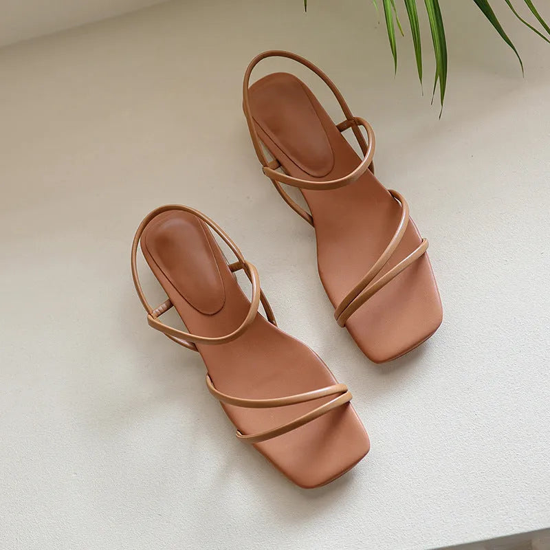 Women's flat strap Roman sandals with square toe in microfiber, available in green, white and beige