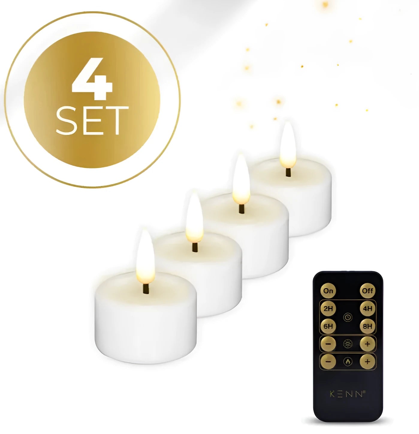 Four white S4 LED tealight candles showing D4.1cm diameter and 5cm height dimensions
