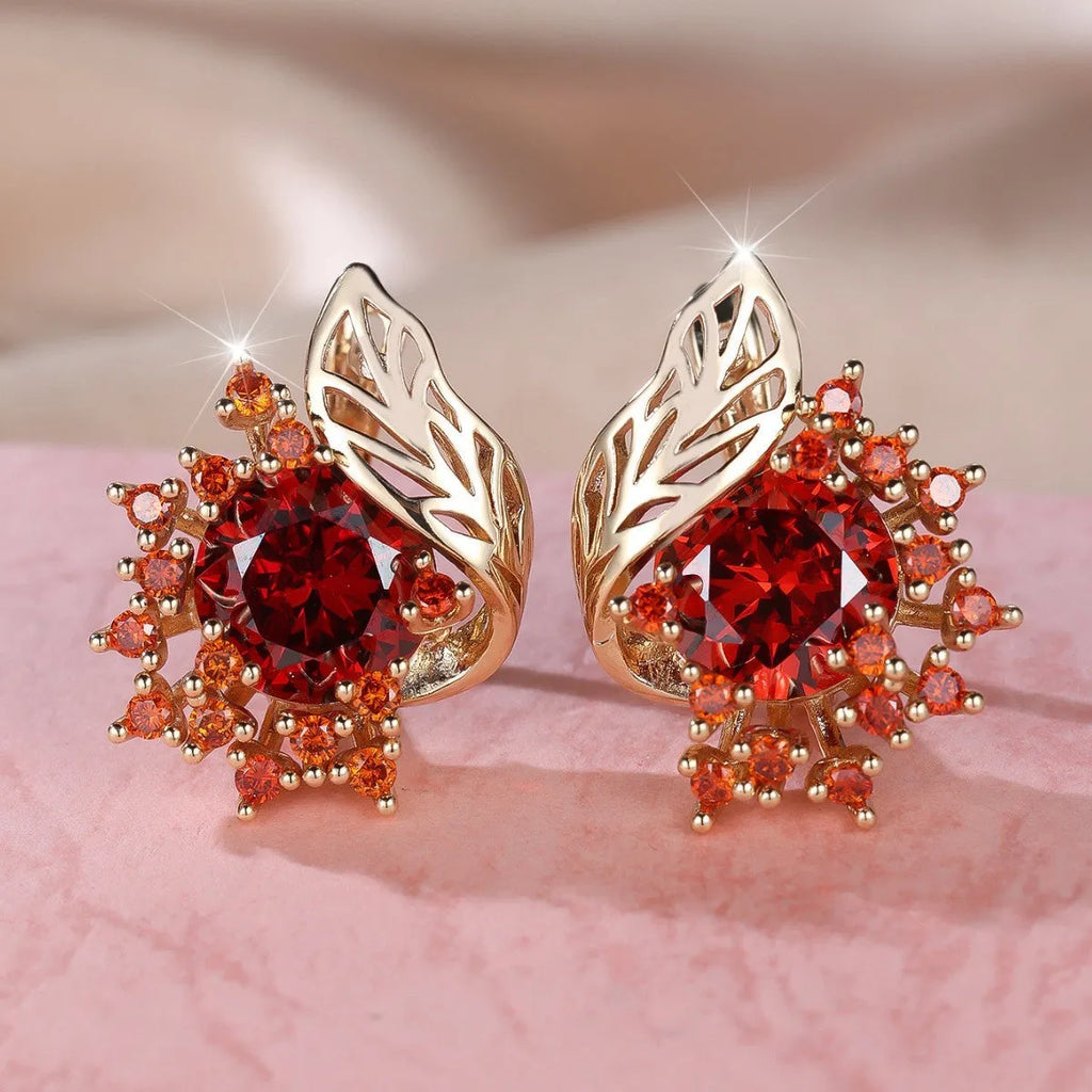 Round flower feather design zircon earrings in electroplated champagne gold with coloured stone options