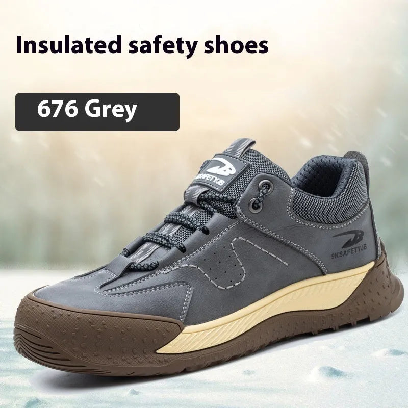 Men's leather work shoes with rubber sole in black colour showing front and side views