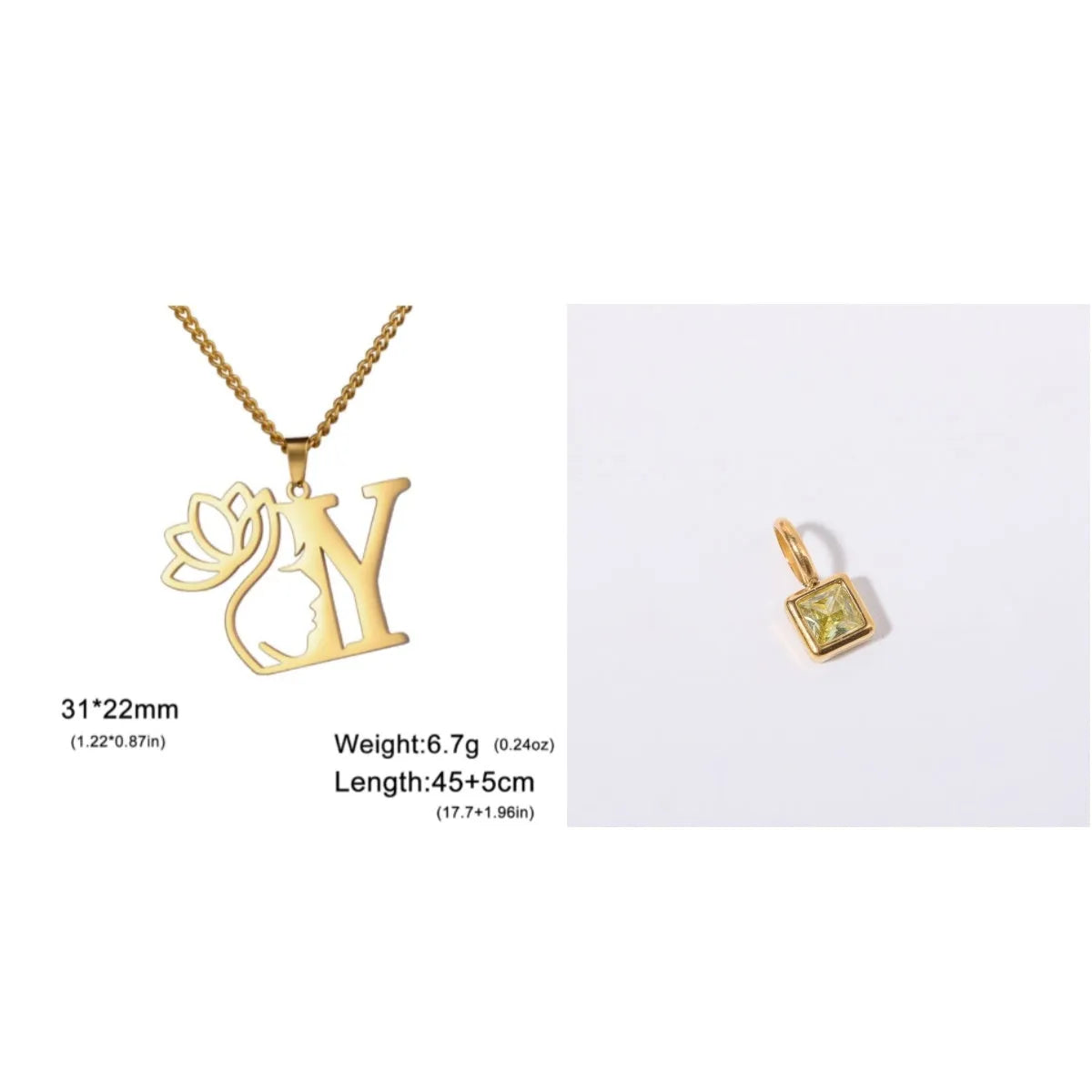 Stainless steel necklace with letter pendant on cross chain in gold or silver electroplated finish