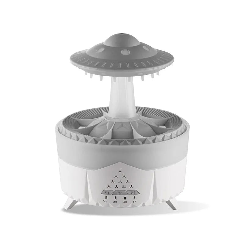 Raindrop humidifier with 350ml capacity, 7 colour nightlight, and essential oil diffuser in white finish