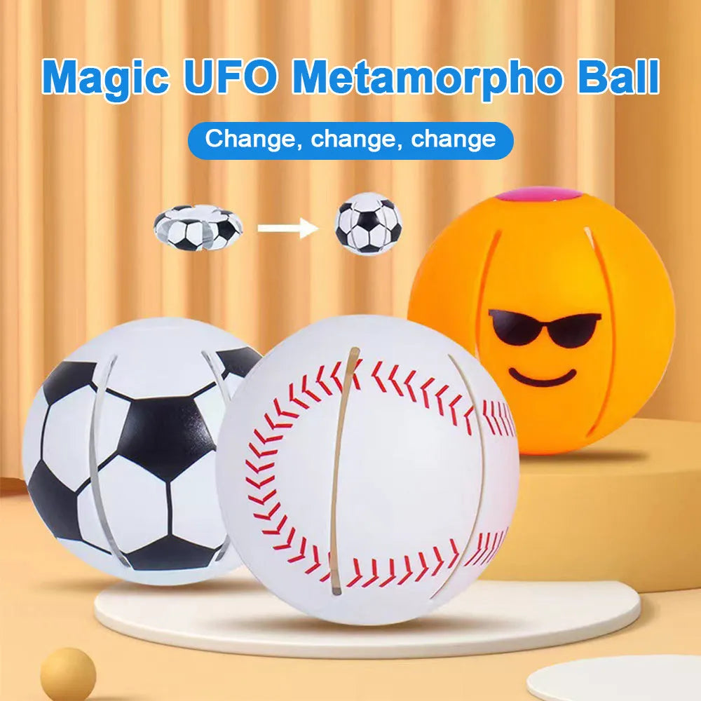 Interactive plastic dog toy showing ball and flying disc transformation modes in orange colour