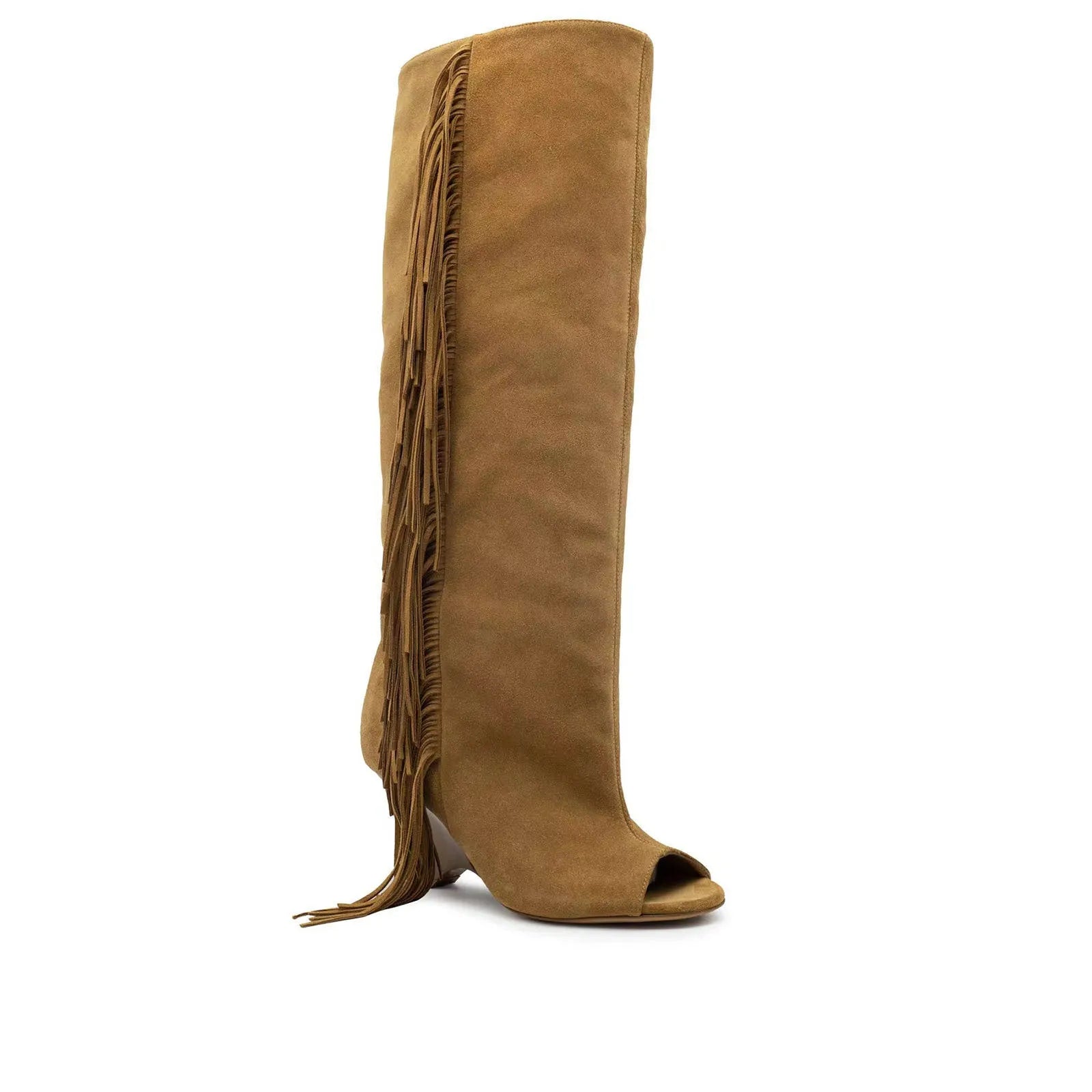 Women's peep toe wedge suede sandal boots in apricot, tassel detail, rubber sole