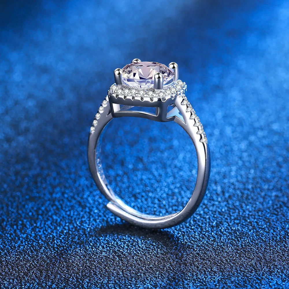 Silver adjustable moissanite ring with four-claw micro-inlaid square bag setting, geometric shape, women's ring