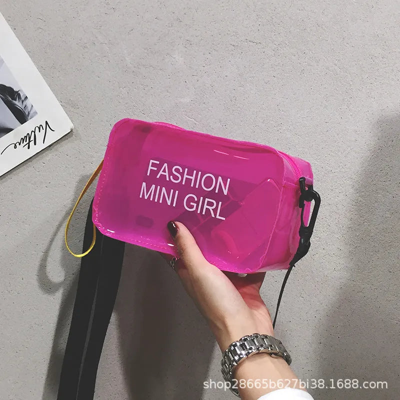 Clear square jelly shoulder bag with adjustable strap in various colours on a white background.