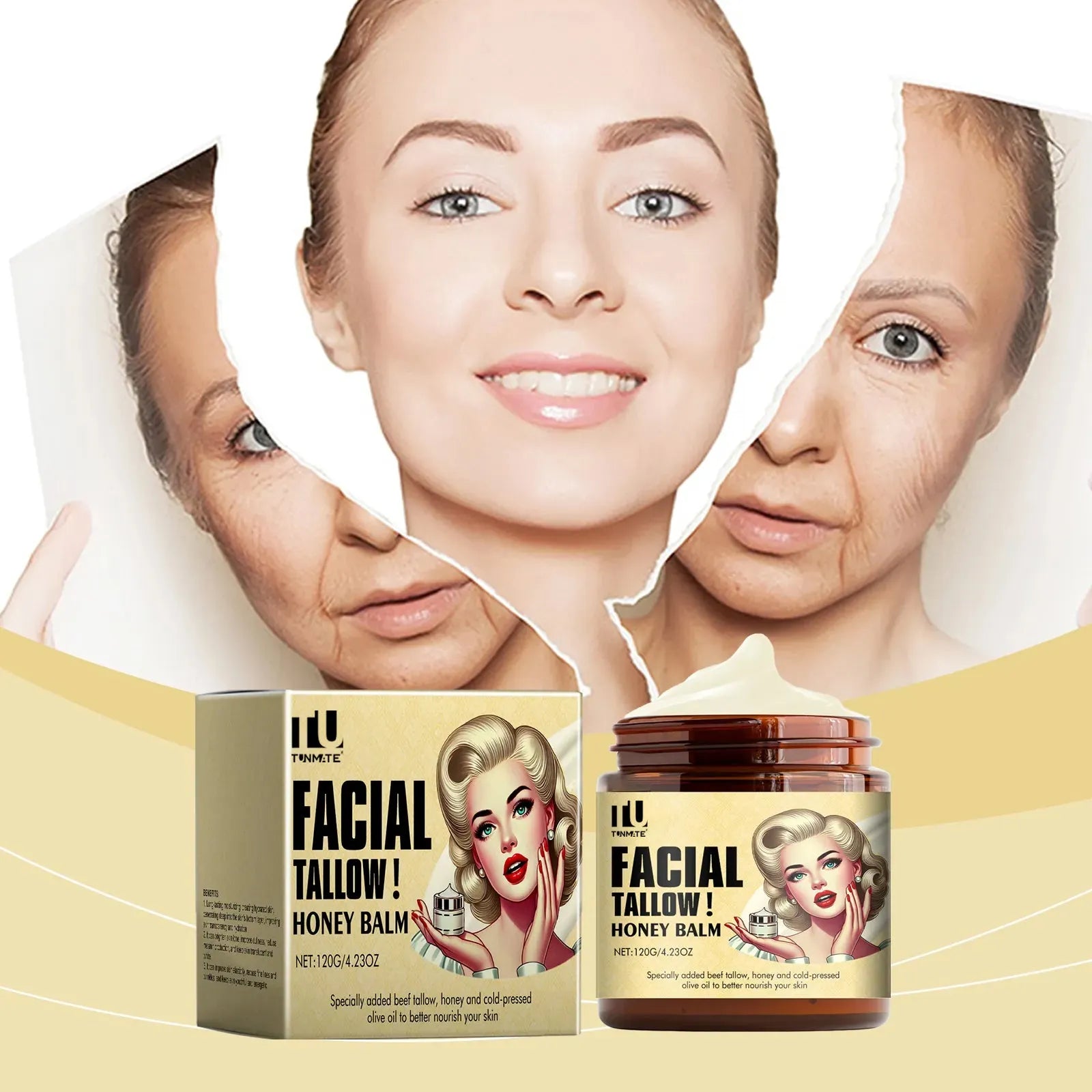 Beef tallow skincare balm in a 120g container, whipped grass fed tallow moisturiser for face and body