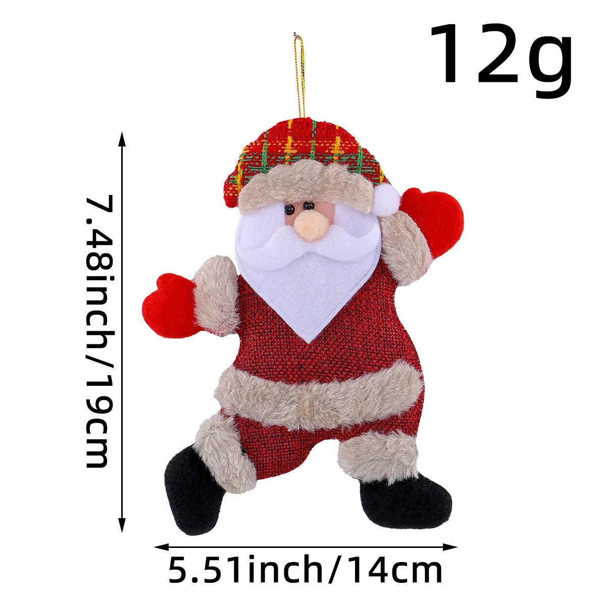 Set of four Christmas tree ornaments Santa snowman reindeer and bear figures with red white scarves golden balls red bows