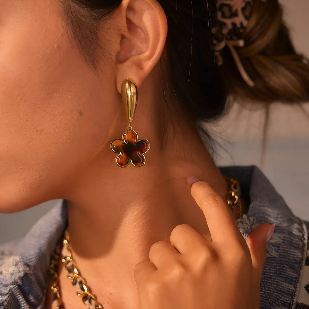 Tortoiseshell resin hawksbill colour earrings with stainless steel construction and geometric designs