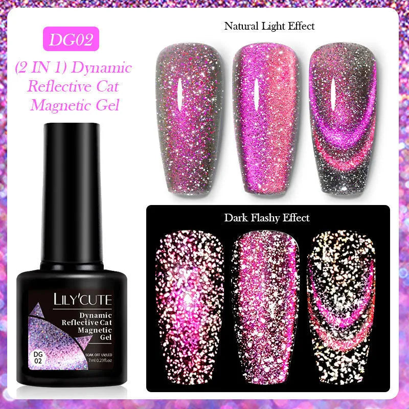 Cat eye series gel nail polish bottles showing six colour variations with diamond glitter fragments