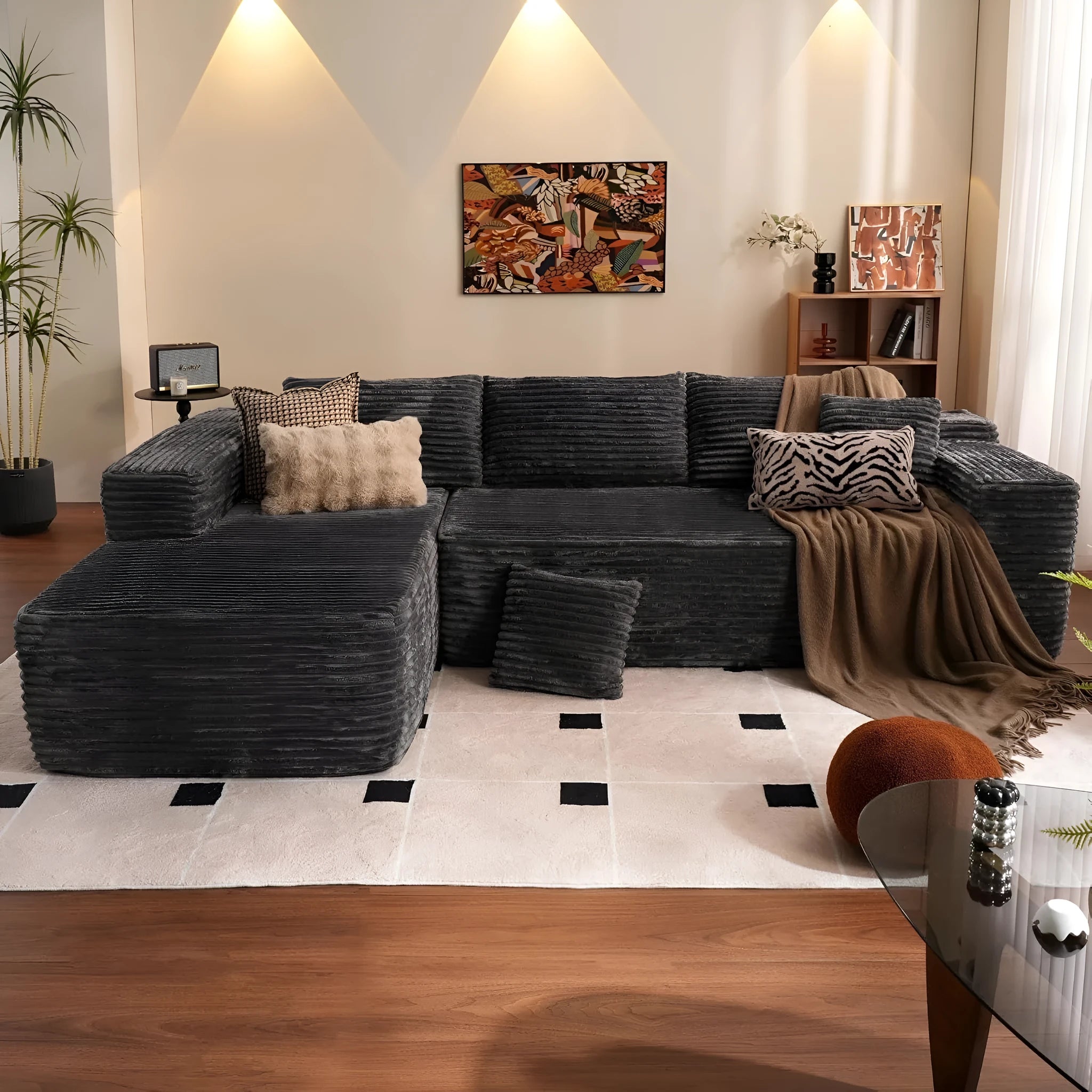 Modern minimalist flannel sofa in beige colour, no assembly required, for living room or office use