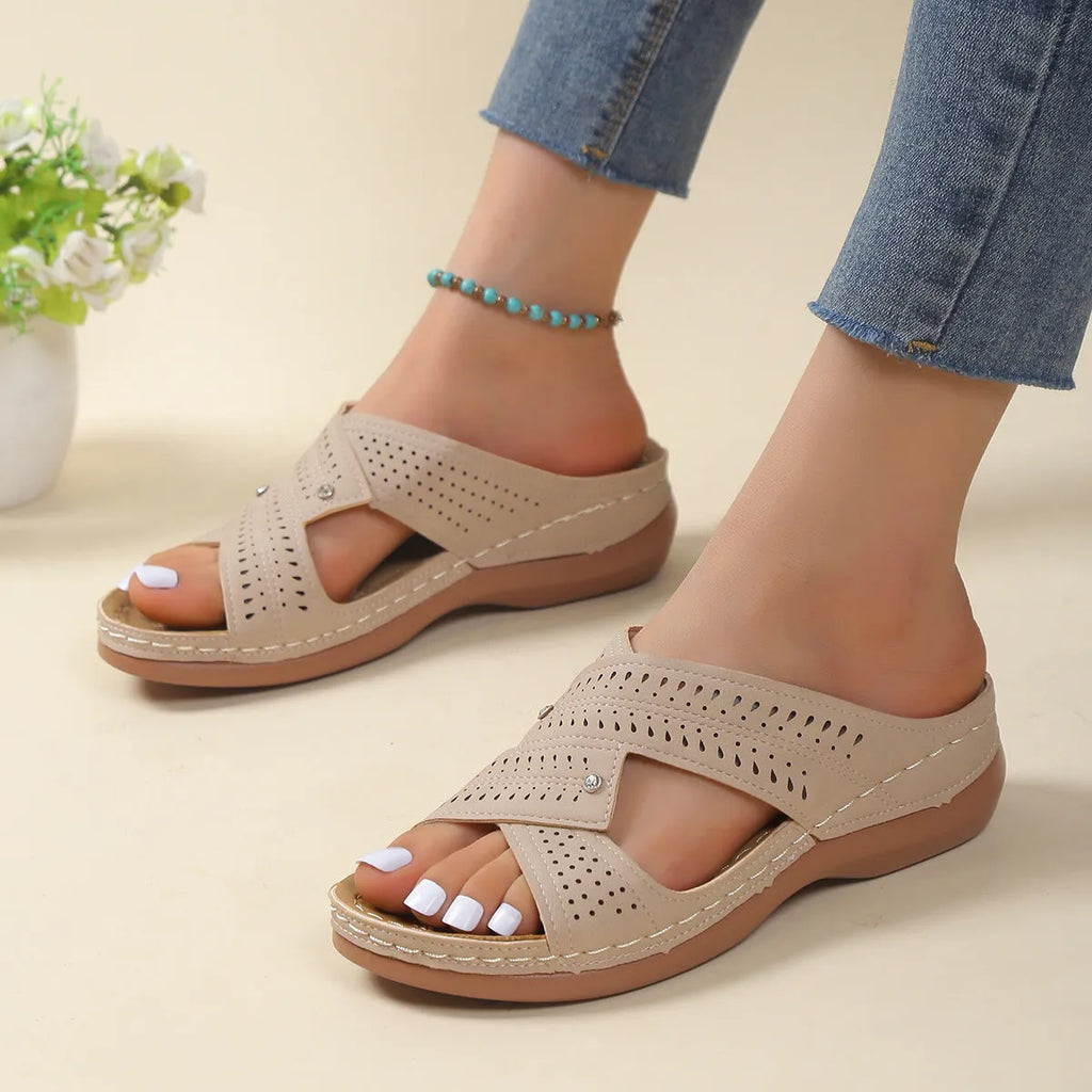 Womens low heel wedge sandals non slip PU beach shoes in offwhite colour with peep toe