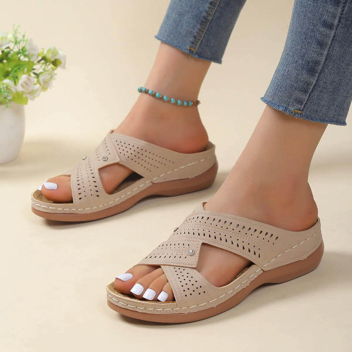 Womens low heel wedge sandals non slip PU beach shoes in offwhite colour with peep toe