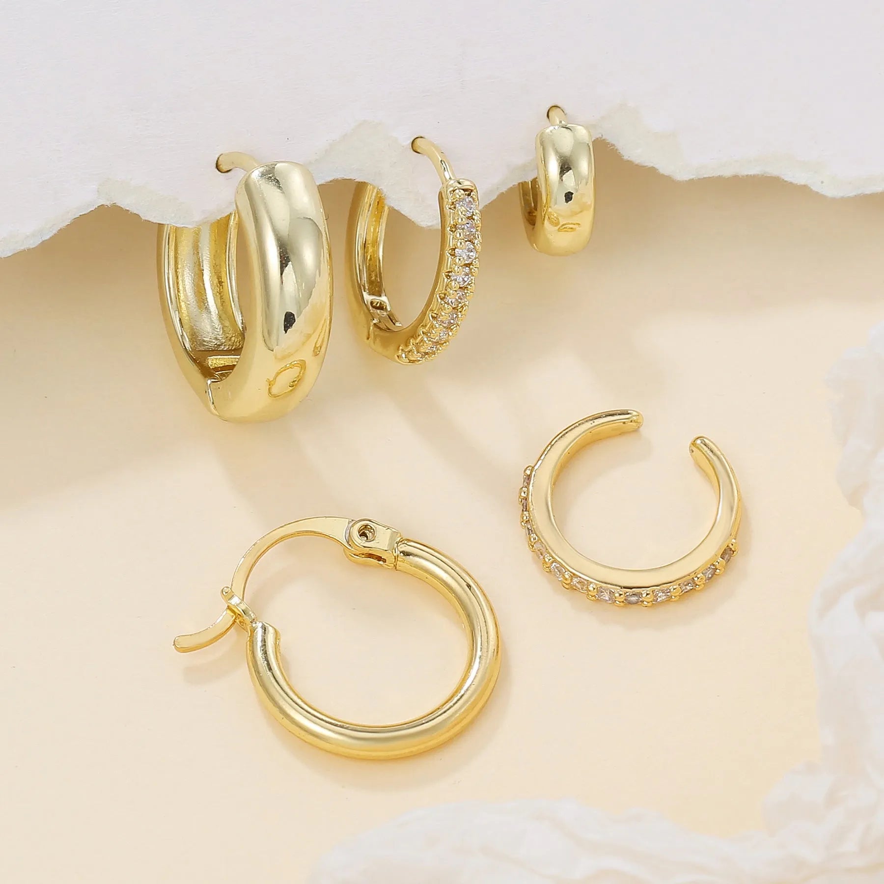 Geometric round ring earrings set of 5 for women, copper inlaid zircon, gold and white K colour options