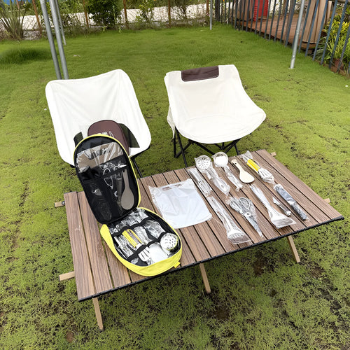 12-piece stainless steel cutlery set inside a khaki portable picnic storage bag