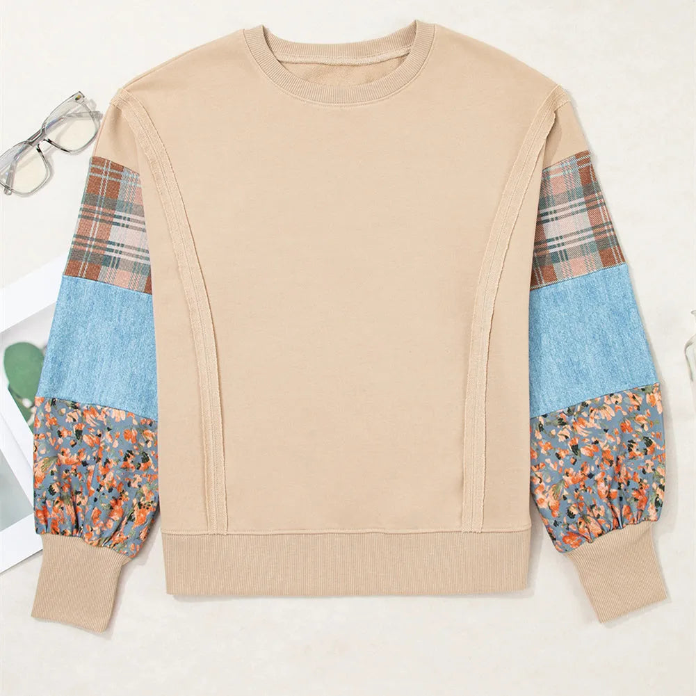 Women's apricot and red plaid stitch long sleeve loose fit casual pullover top
