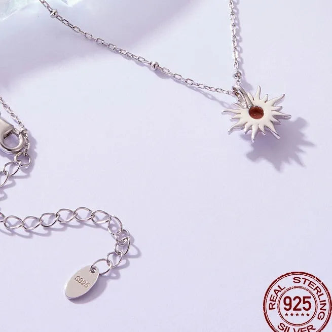 S925 sterling silver sun pendant necklace on display, electroplated finish, O-shaped chain, colour BSN440
