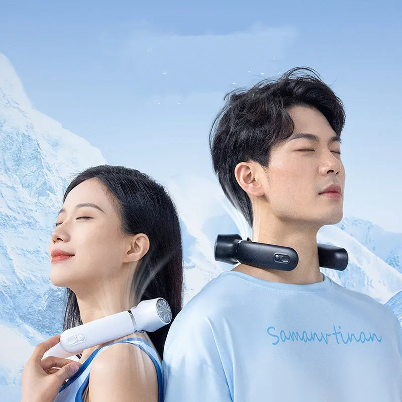 USB rechargeable hanging neck fan in dark blue with three speed settings and semiconductor cooling