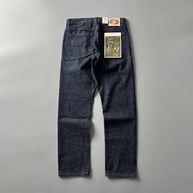 Men's straight leg denim trousers in primary colour with American retro style and mid-waist design