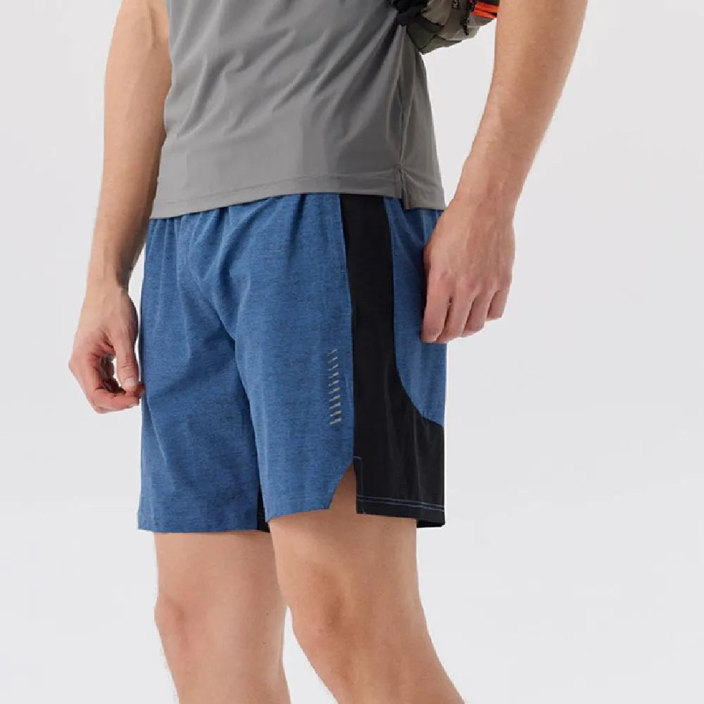 Men's forest green spandex five-point casual shorts with a mid waist on a hanger.