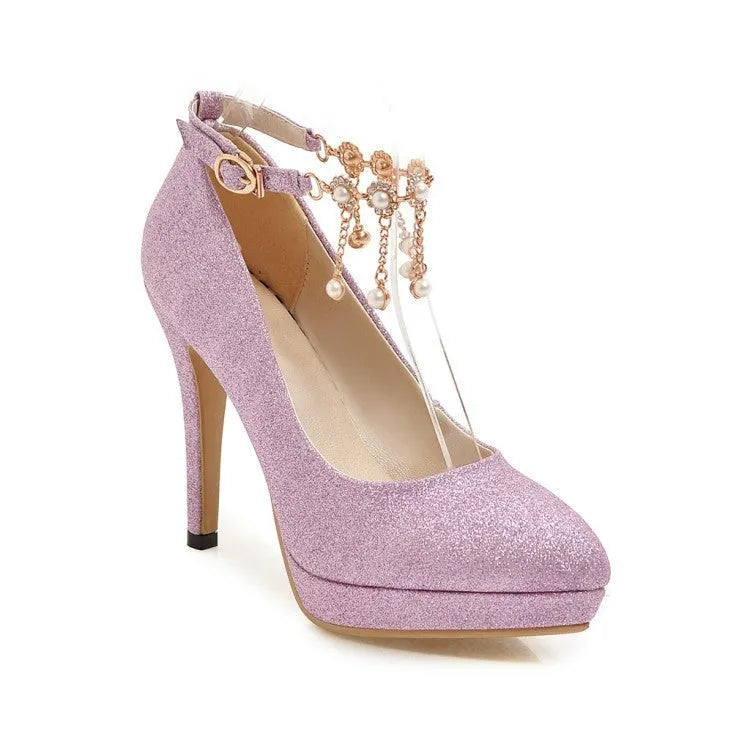 Women's solid colour platform stiletto heels with a pointed toe in blue, pink, gold, or silver.