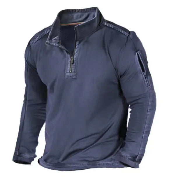 Men's grey zip-up sweater with a stand collar and long sleeves on a hanger.