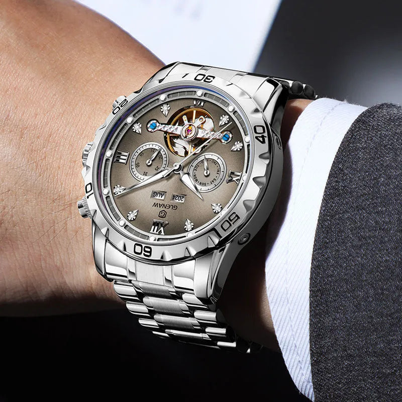 Men's automatic mechanical business watch with stainless steel strap and mineral glass face in multiple colour options
