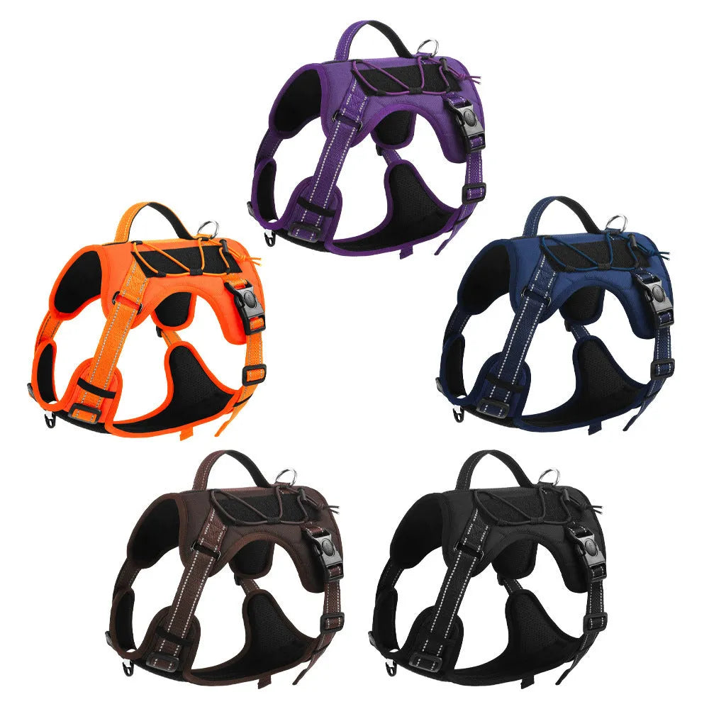 Reflective orange dog harness with black explosion-proof breast strap and full-hand grip rope