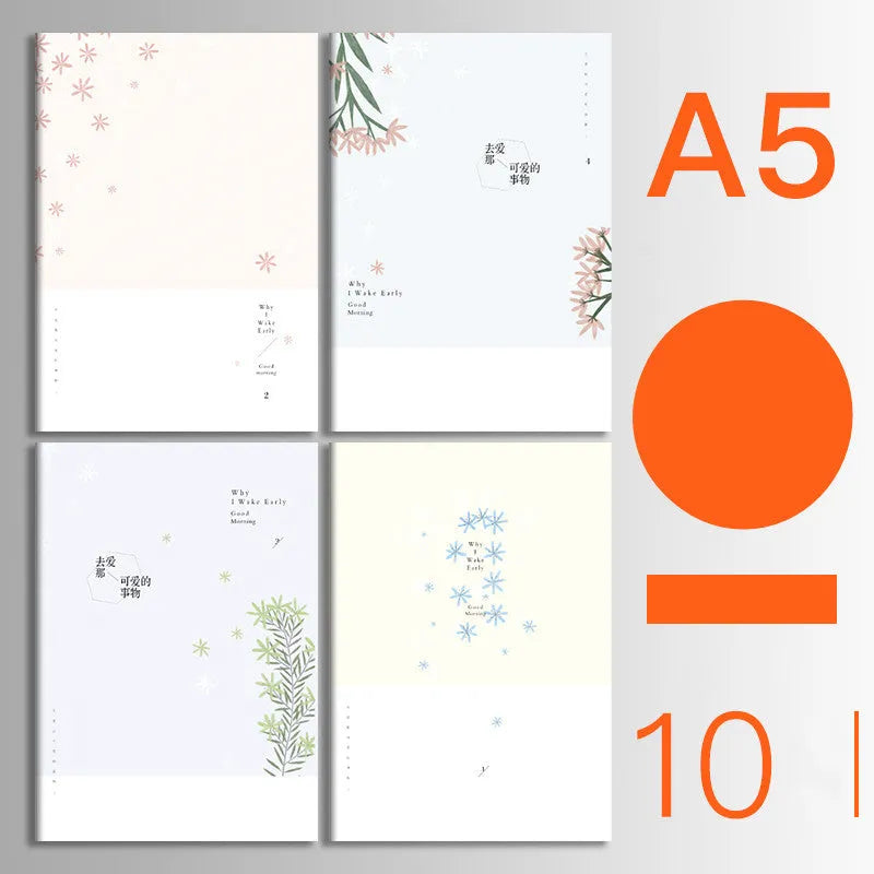 Bundle of ten soft-cover kraft paper notebooks with thread binding in various animal and nature designs.