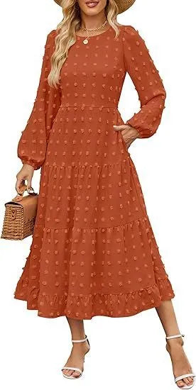Women's long sleeve dress with high waist and ruffled sleeves in autumn colours