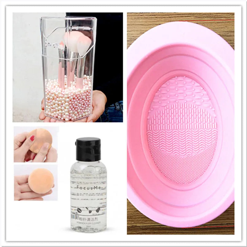 50ml makeup brush cleaning liquid in a clear plastic bottle with blue cap, 9x3x3cm size