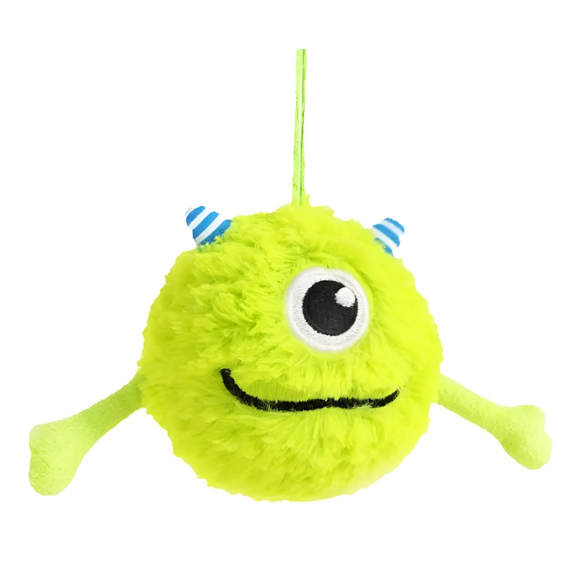 Green plush and TPR interactive sound-activated ball dog toy for teething puppies.