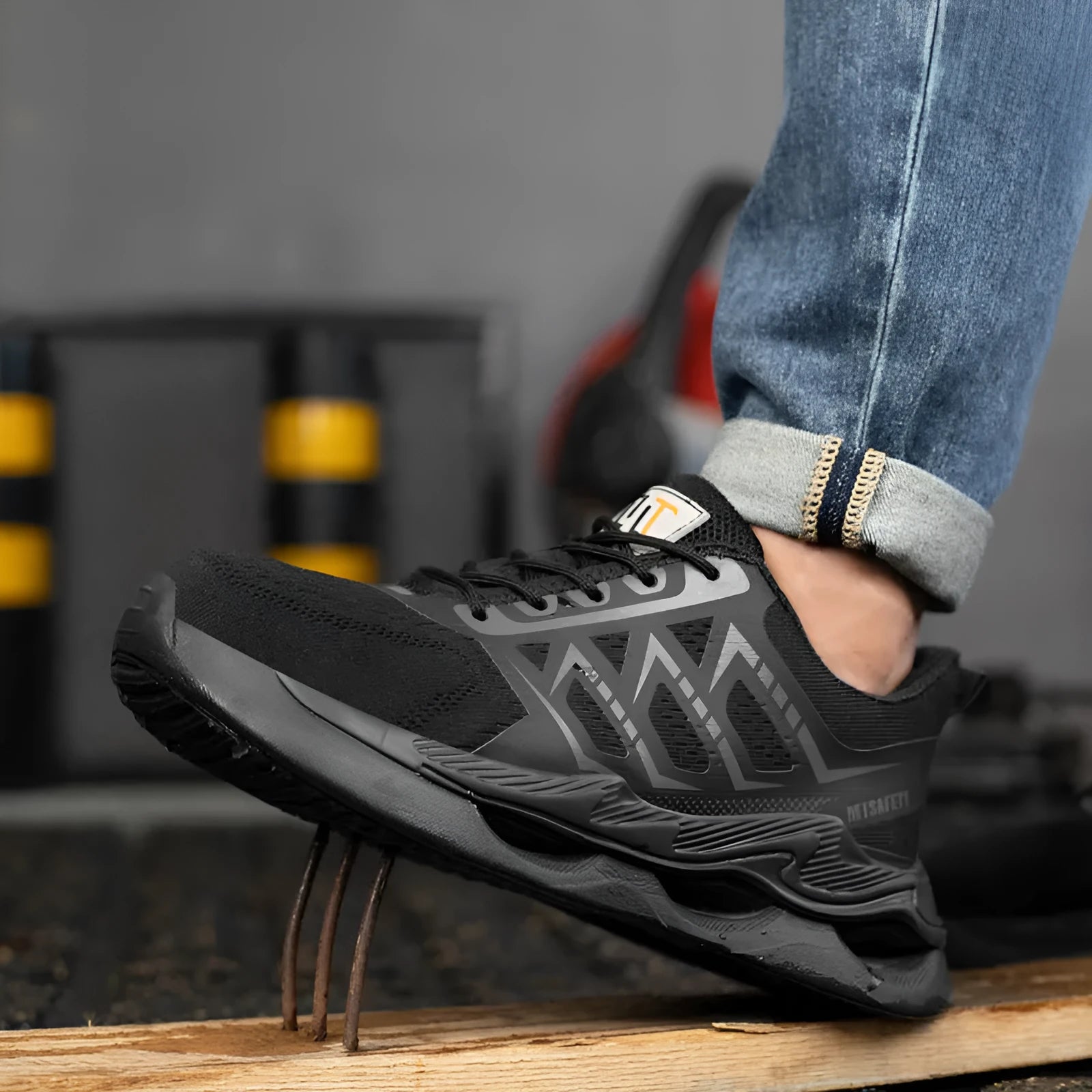 Black low-top safety shoes with a lace-up front, knitted upper, and a visible rubber sole with steel toe cap protection.