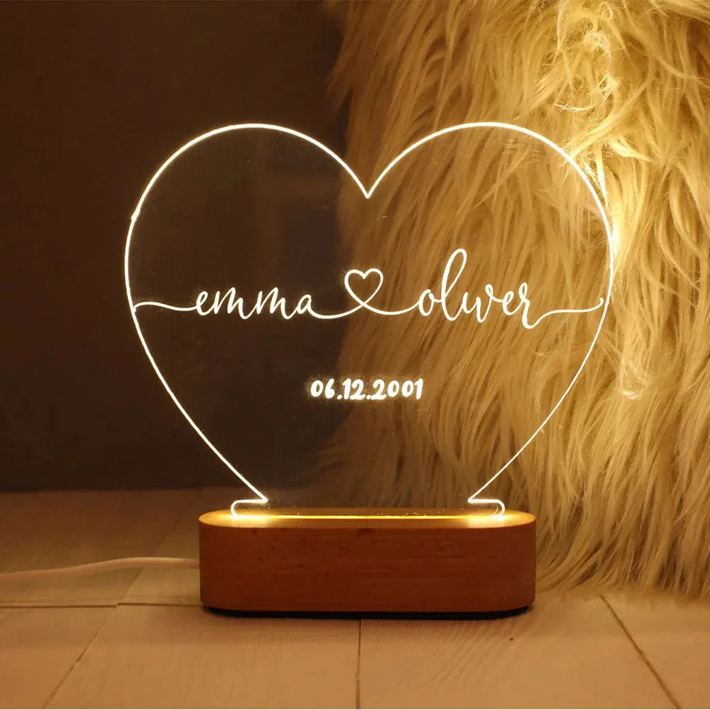 Custom LED night light with engraved names and date on transparent acrylic plate