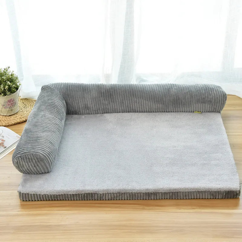 Corduroy pet sofa dog bed with raised edges in coffee colour showing reversible bilateral design