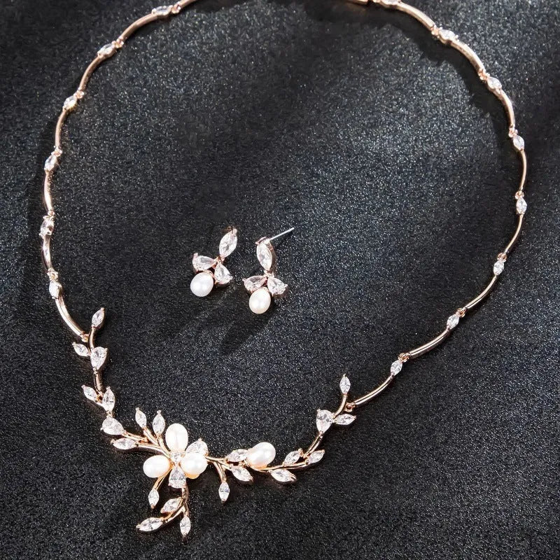 Sweet Pearl Zircon ear stud and necklace jewellery suit in copper alloy with electroplated finish