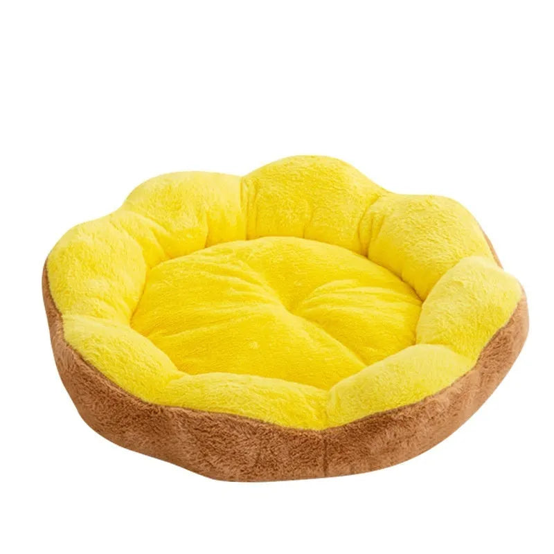 Round rabbit plush cat bed with raised edges in brown gray colour, shown with detachable cover
