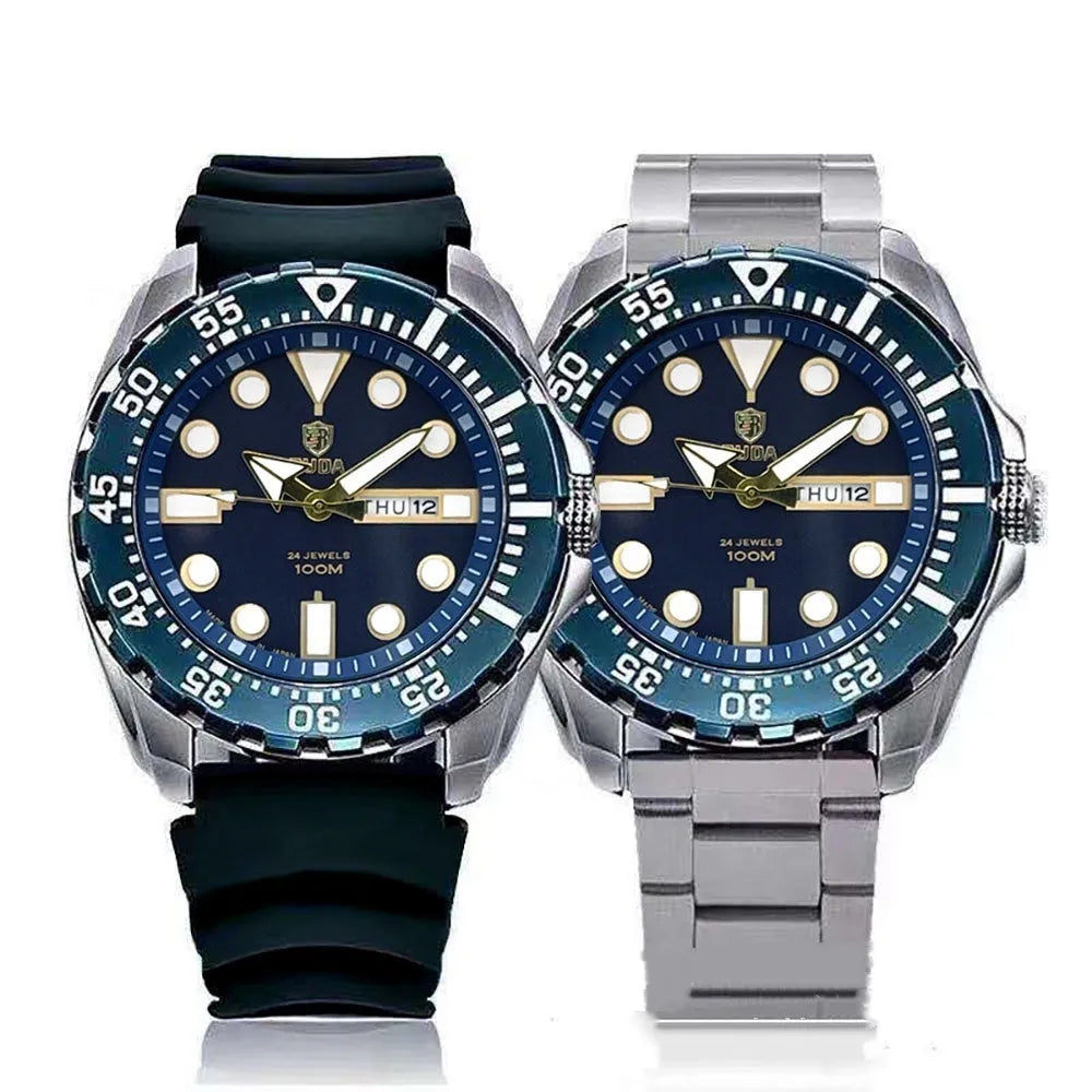 Waterproof men's sports watch with luminous quartz movement showing blue dial and steel strap option