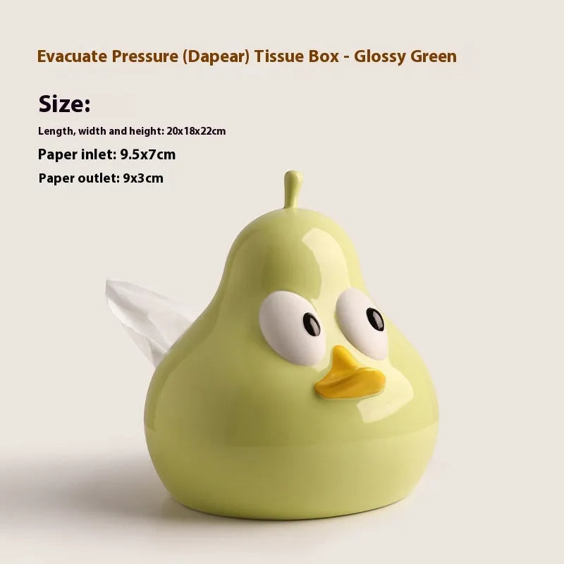 Ceramic pear-shaped tissue box holder with animal decoration in green colour