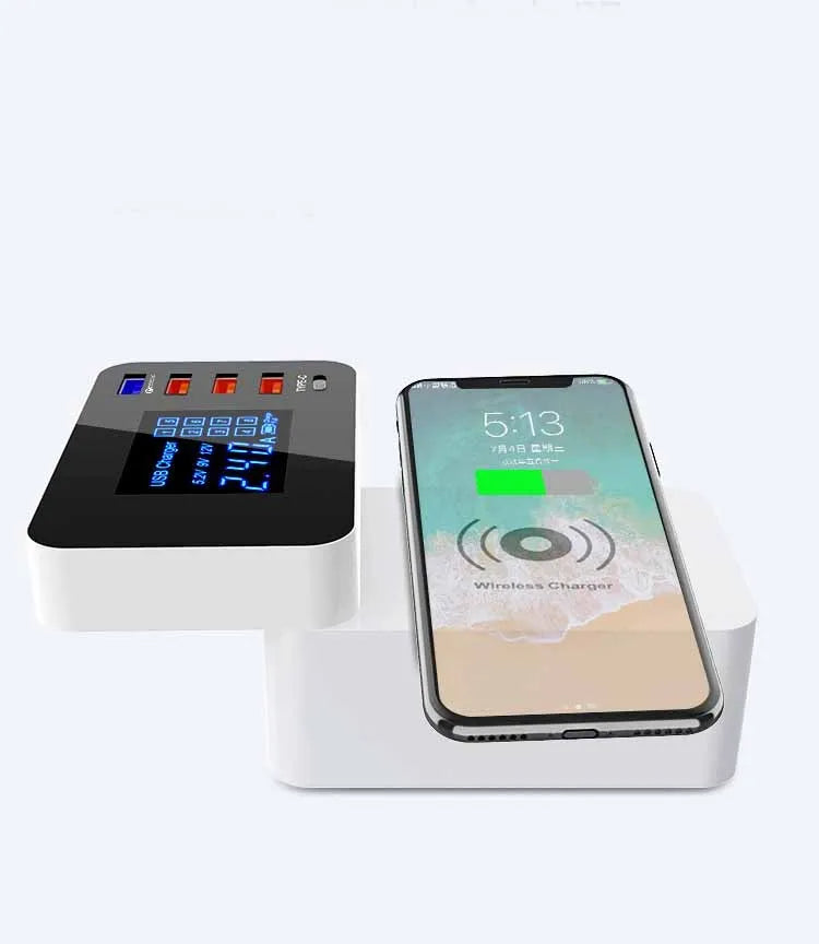 White multi USB port fast charger with wireless charging pad and EU UK US plug adapters