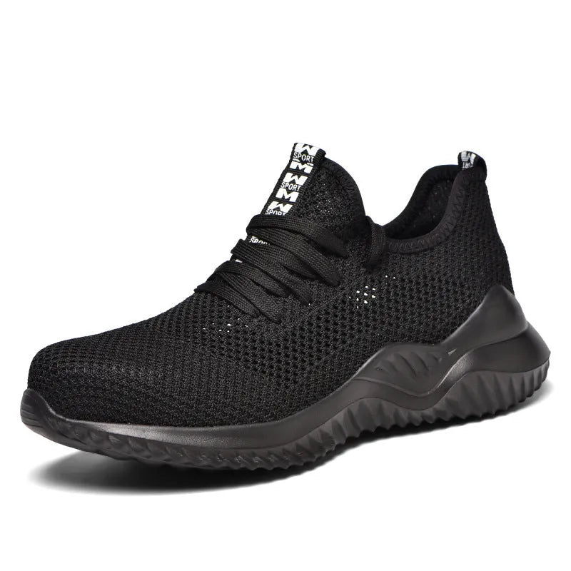 Black steel toe cap safety shoes with anti-static properties and EVA construction on a work floor.