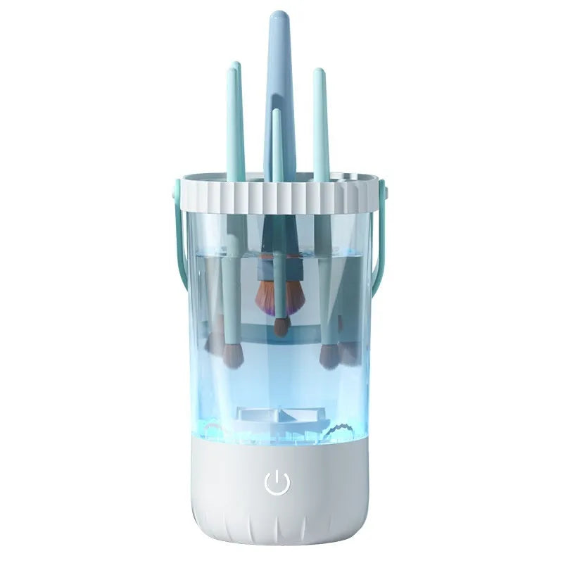 White rechargeable electric makeup brush cleaner with 24 cm plastic housing and USB cable