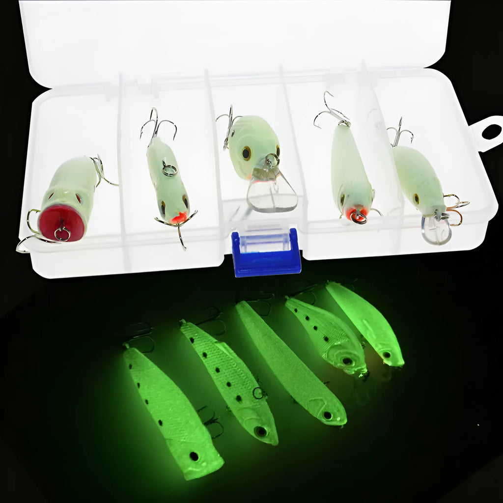 Set of five fluorescent 3D simulation hard bait fishing lures with luminous effect.