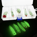 Set of five fluorescent 3D simulation hard bait fishing lures with luminous effect.