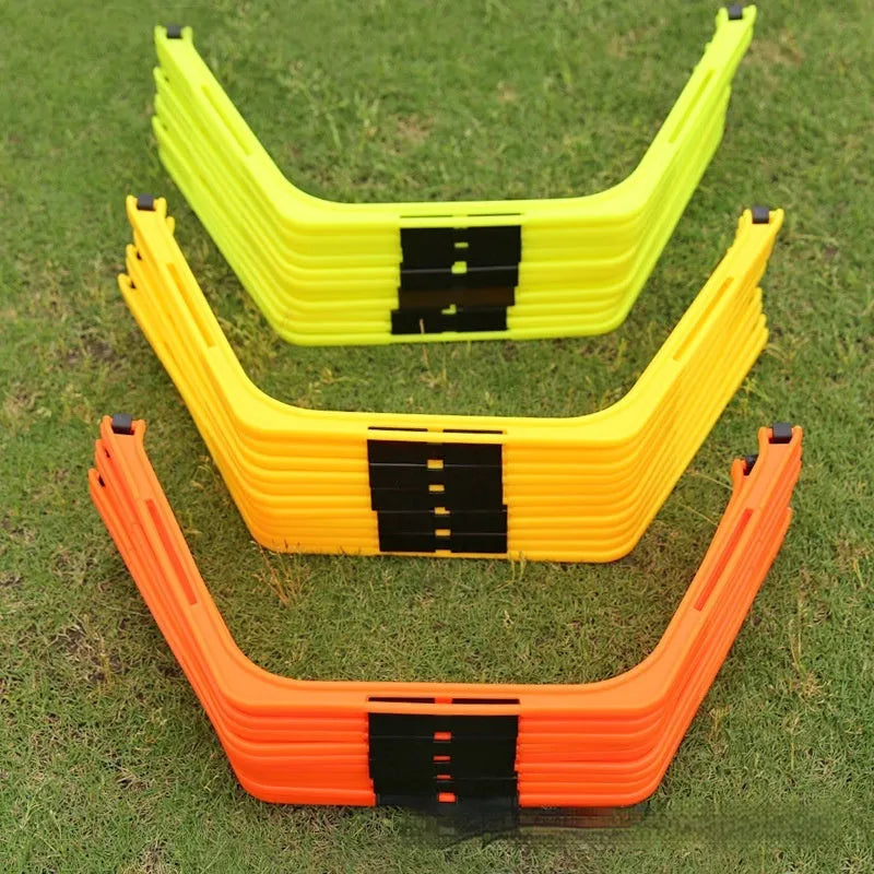 Six foldable hexagon agility training rings in green, orange, and yellow colours for football drills.